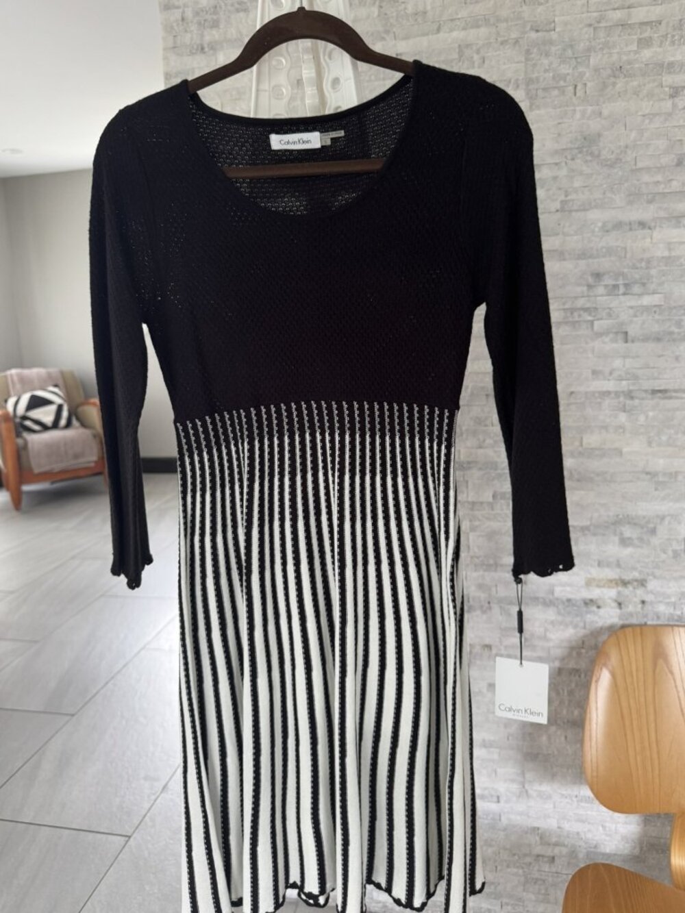 Calvin Klein Black and Ivory Sweater Knit Fit & Flare Dress Size S